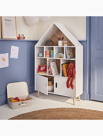 Etagère bibliothèque bois massif 8 compartiments 2 portes Tobias