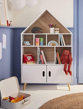 Etagère bibliothèque bois massif 8 compartiments 2 portes Tobias