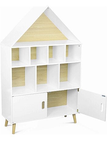 Etagère bibliothèque bois massif 8 compartiments 2 portes Tobias