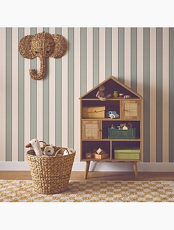 Etagère bibliothèque décor bois et cannage 7 compartiments 2 portes bohème