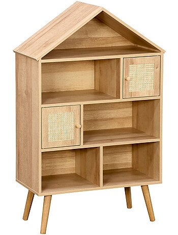 Etagère bibliothèque décor bois et cannage 7 compartiments 2 portes bohème