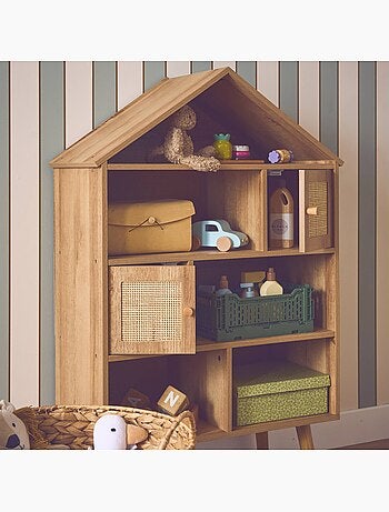 Etagère bibliothèque décor bois et cannage 7 compartiments 2 portes bohème