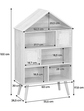 Etagère bibliothèque décor bois et cannage 7 compartiments 2 portes bohème