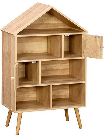 Etagère bibliothèque décor bois et cannage 7 compartiments 2 portes bohème