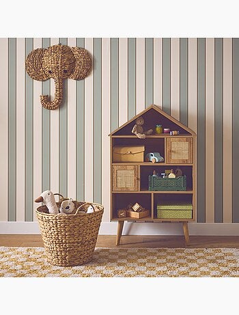 Etagère bibliothèque décor bois et cannage 7 compartiments 2 portes Bohème