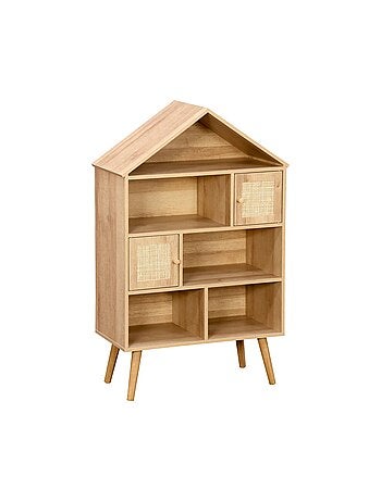 Etagère bibliothèque décor bois et cannage 7 compartiments 2 portes Bohème
