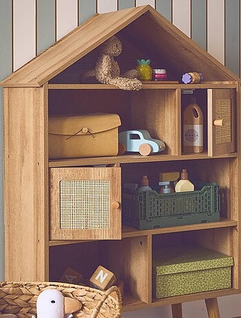 Etagère bibliothèque décor bois et cannage 7 compartiments 2 portes Bohème