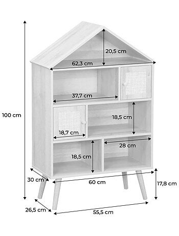 Etagère bibliothèque décor bois et cannage 7 compartiments 2 portes Bohème