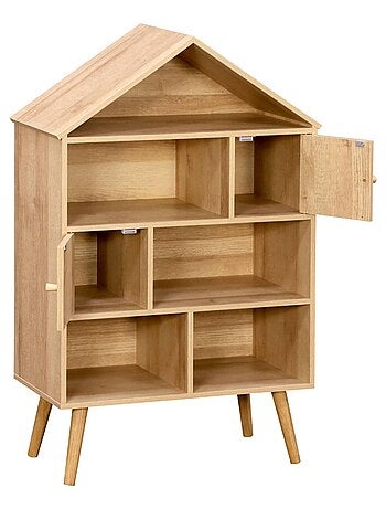 Etagère bibliothèque décor bois et cannage 7 compartiments 2 portes Bohème