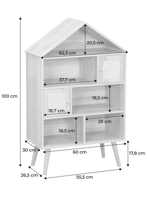 Etagère bibliothèque décor bois et cannage 7 compartiments 2 portes Bohème - Kiabi