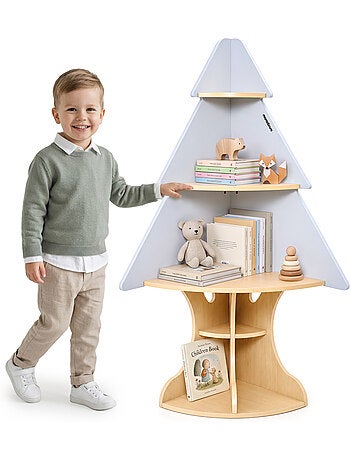 Etagere d'angle enfant arbre bois et gris rangement jouets mamabrum