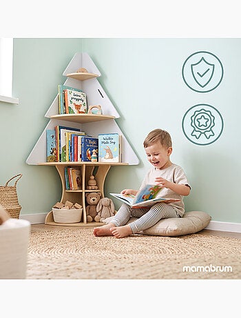 Etagere d'angle enfant arbre bois et gris rangement jouets mamabrum