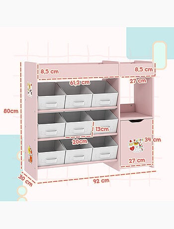 Etagère de rangement enfant 9 boîtes amovibles porte niche 2 compartiments