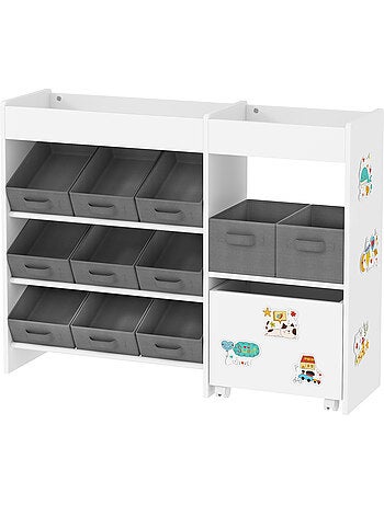 Étagère de rangement enfant design - 1 + 11 tiroirs - autocollants - mdf blanc non tissé gris