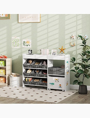 Étagère de rangement enfant design - 1 + 11 tiroirs - autocollants - mdf blanc non tissé gris