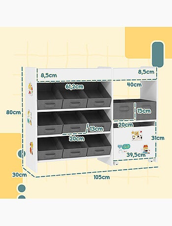 Étagère de rangement enfant design - 1 + 11 tiroirs - autocollants - mdf blanc non tissé gris