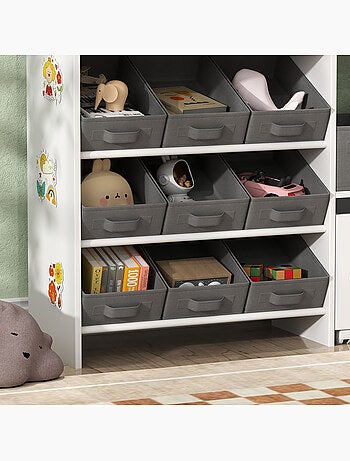 Étagère de rangement enfant design - 1 + 11 tiroirs - autocollants - mdf blanc non tissé gris