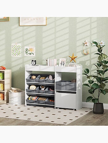 Étagère de rangement enfant design - 1 + 11 tiroirs - autocollants - mdf blanc non tissé gris