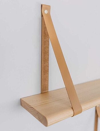 Étagère flottante bois sangle cuir 60cm