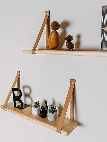 Étagère flottante bois sangle cuir 90cm