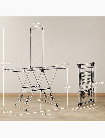 Étendoir pliable - séchoir à linge - ailes, barre suspension - acier inox