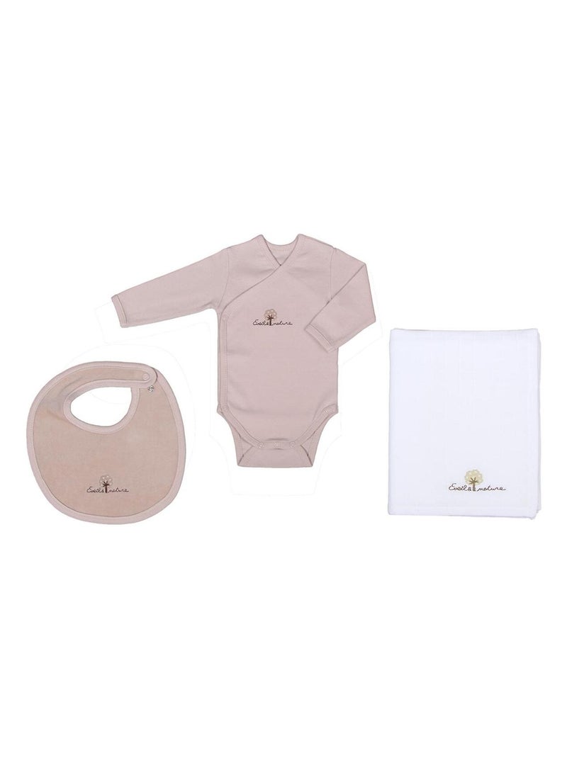 Eveil Et Nature Set Body/bavoir/lange Coton Bio Beige - Kiabi