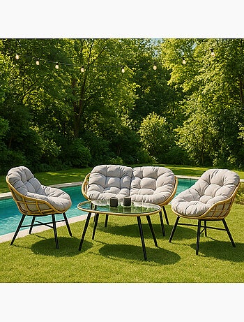 EVORA Salon de jardin 4 places canapé + fauteuils gris foncé