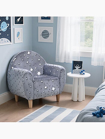 Fauteuil enfants phosphorescent avec motif étoilé, tissu velours, gris
