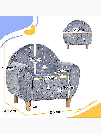 Fauteuil enfants phosphorescent avec motif étoilé, tissu velours, gris