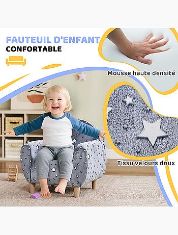 Fauteuil enfants phosphorescent avec motif étoilé, tissu velours, gris