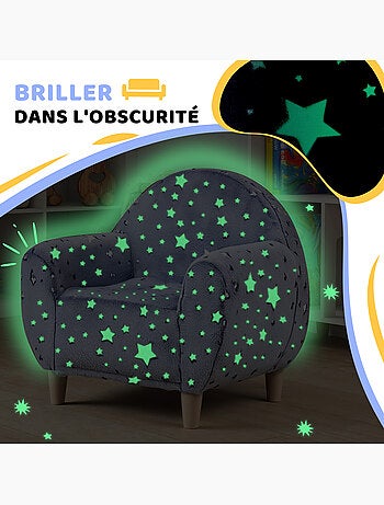 Fauteuil enfants phosphorescent avec motif étoilé, tissu velours, gris