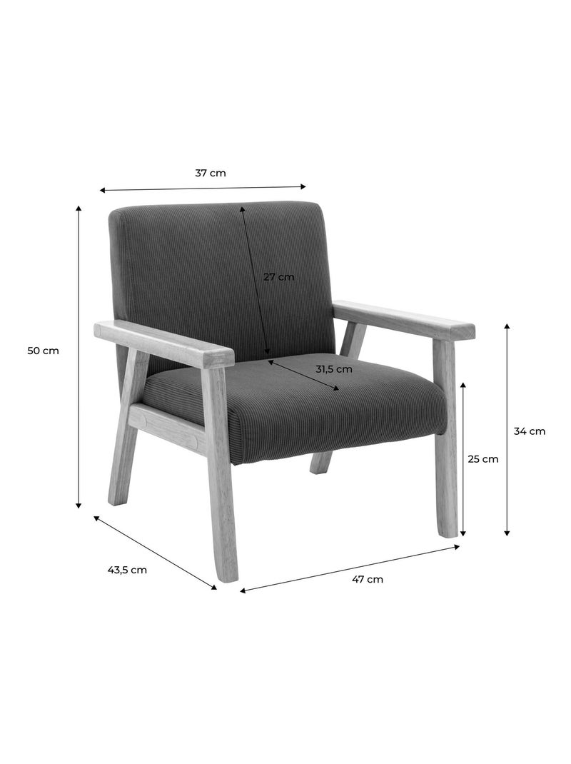 Fauteuil scandinave enfant velours côtelé et bois d'hévéa Isak Kid Kaki - Kiabi