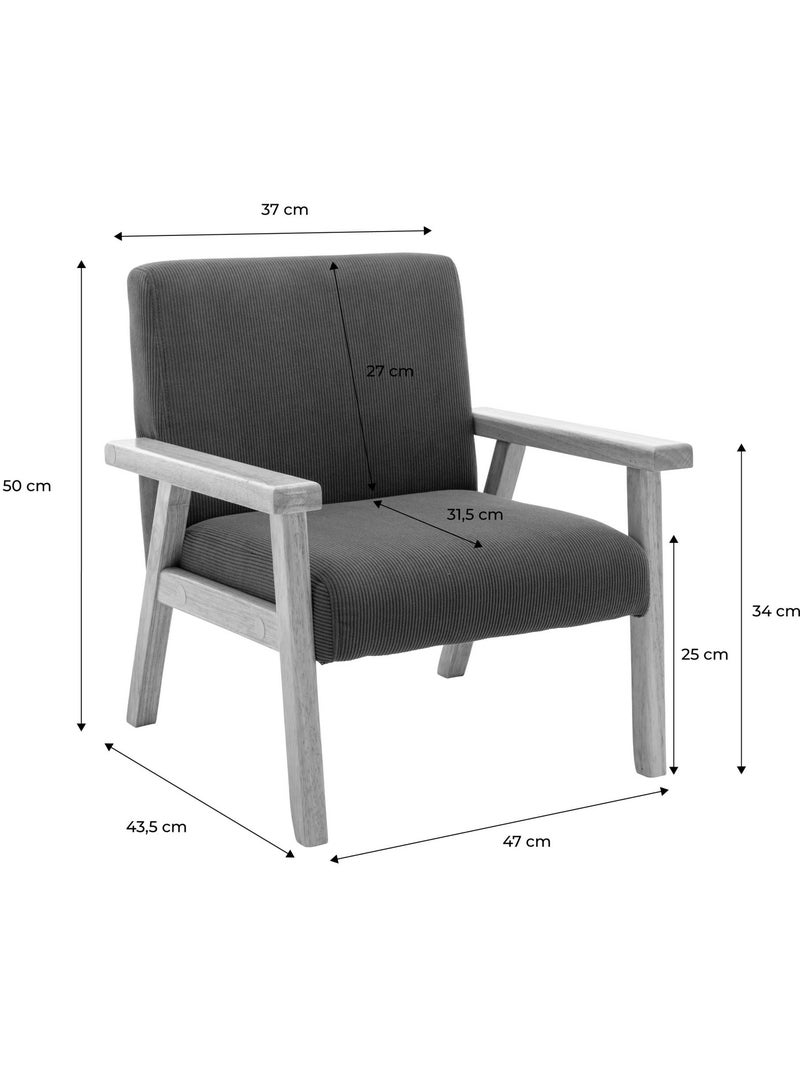 Fauteuil scandinave enfant velours côtelé et bois d'hévéa isak kid Kaki foncé - Kiabi