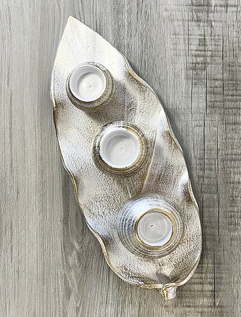 Feuille décorative avec 3 photophores patinés or 44 cm