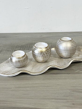 Feuille décorative avec 3 photophores patinés or 44 cm