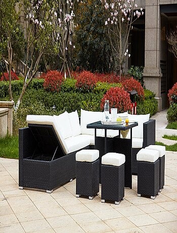 Fidji Noir/Blanc : salon de jardin encastrable en résine tressée 10 personnes