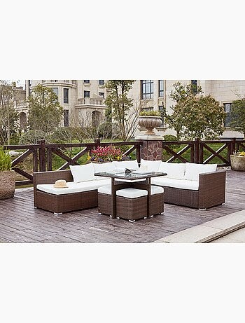 FIDJI Salon de jardin encastrable 10 places en résine noir-blanc