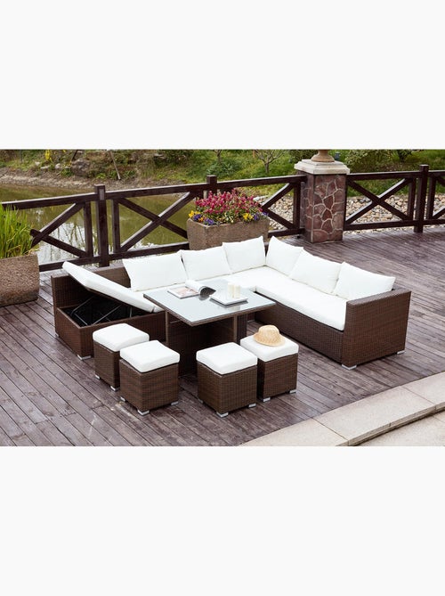 FIDJI Salon de jardin encastrable 10 places en résine marron-blanc - Kiabi