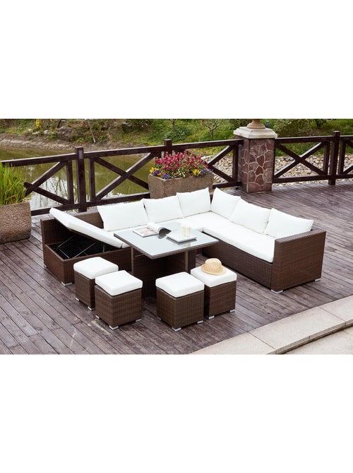 FIDJI Salon de jardin encastrable 10 places en résine marron-blanc - Kiabi