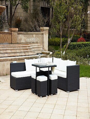 FIDJI Salon de jardin encastrable 10 places en résine noir-blanc