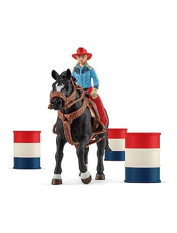 Figurines Farm World : Cowgirl et Tonneaux de Racing
