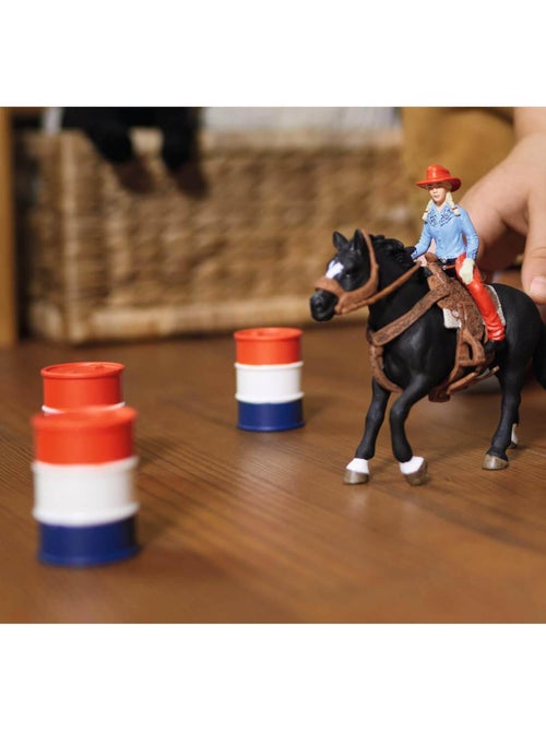 Figurines Farm World : Cowgirl et Tonneaux de Racing - Kiabi