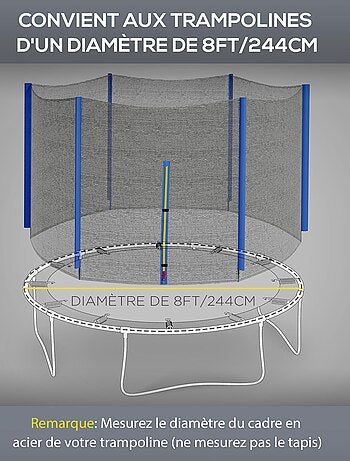 Filet de sécurité trampoline porte zipée Ø 244 cm 6 poteaux