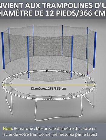 Filet de sécurité trampoline porte zipée Ø 366 cm 8 poteaux