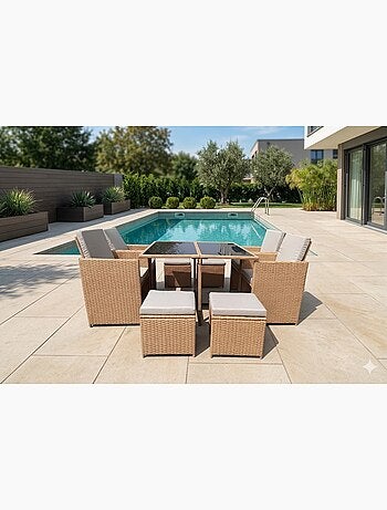FLORIDA Salon de jardin encastrable résine tressée naturel 8 places