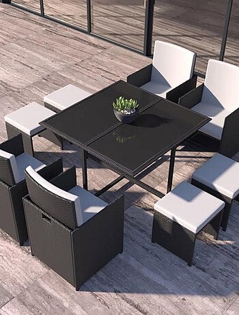 FLORIDA Table et chaises 8 places en résine tressée noir et blanc