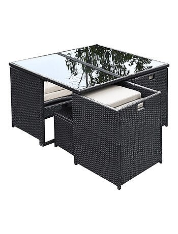 FLORIDA Table et chaises 8 places en résine tressée noir et blanc