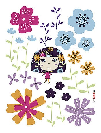 Flowerine, Sticker mural petite fille robe violette entourées de fleurs colorées - 50x70 cm