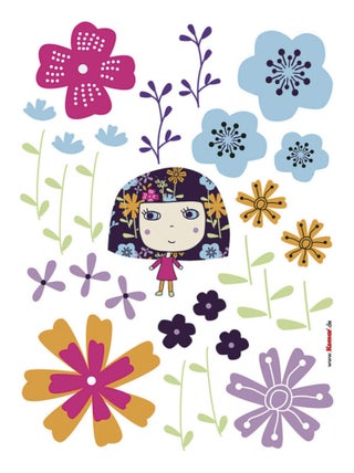 Flowerine, Sticker mural petite fille robe violette entourées de fleurs colorées - 50x70 cm