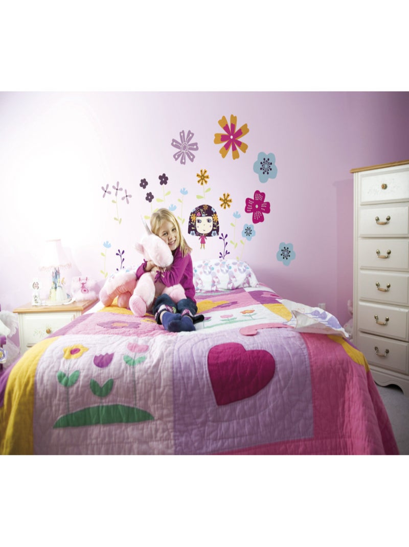 Flowerine, Sticker mural petite fille robe violette entourées de fleurs colorées - 50x70 cm Multicolore - Kiabi